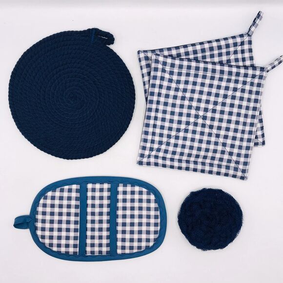 Trivet, Finger Hotpad, 2 Square Potholders, and Scrubbie, Navy Blue, 5 Piece Set - Picture 2 of 9